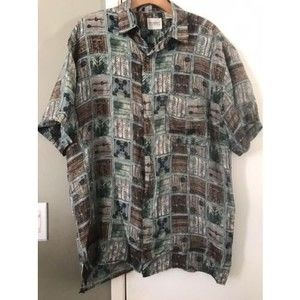 ROBERT STOCK Men's 100% SILK Short Sleeve Button Up Shirt Multicolor Botanic  L